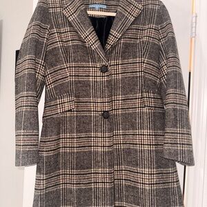 ANTONIO MELANI Black and Cream Plaid Pea Coat